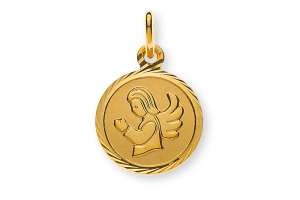 Medaille Engel Gelbgold 750 12mm gesandelt mit Fantasieschliff-Rand