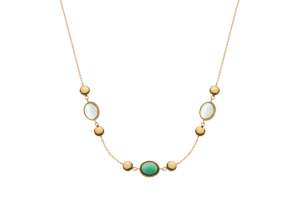 Collier Gelbgold 750, 45cm mit 2 grünen ovalen Amethysten & 1 Turmalin Cabochon