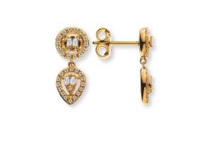 Clous d´oreilles or jaune 750 avec 1 clou rond et 1 pendentif en forme de goutte