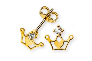 Ohrringe Gelbgold 375 mit Prinzessinnen Krone Einhänger & je 1 Zirkonia, 6x7mm