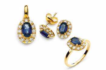 SET Gelbgold 750 mit ovalen Safiren und Brillanten