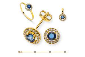 SET Gelbgold 750 mit rundem Safir und Brillanten