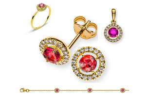 SET Gelbgold 750 mit rundem Rubin und Brillanten