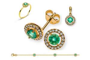 SET Gelbgold 750 mit rundem Smaragd und Brillanten